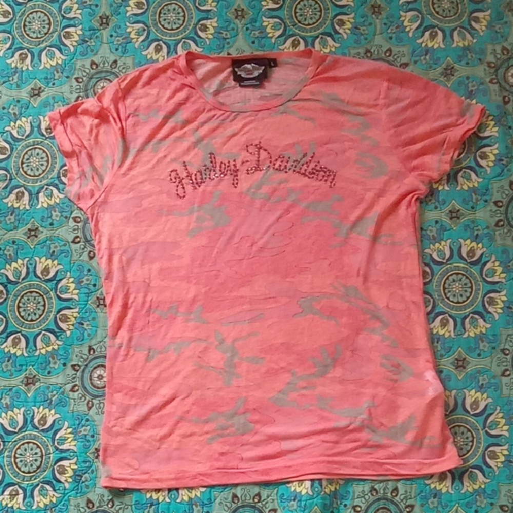 Harley-Davidson Coral Pink Tie-Dye Tee with Rhinestone Logo